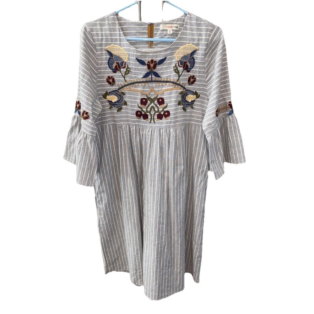 Orange Creek Dress Gray Striped Floral Embroidered M Bell Sleeve Cotton Pockets